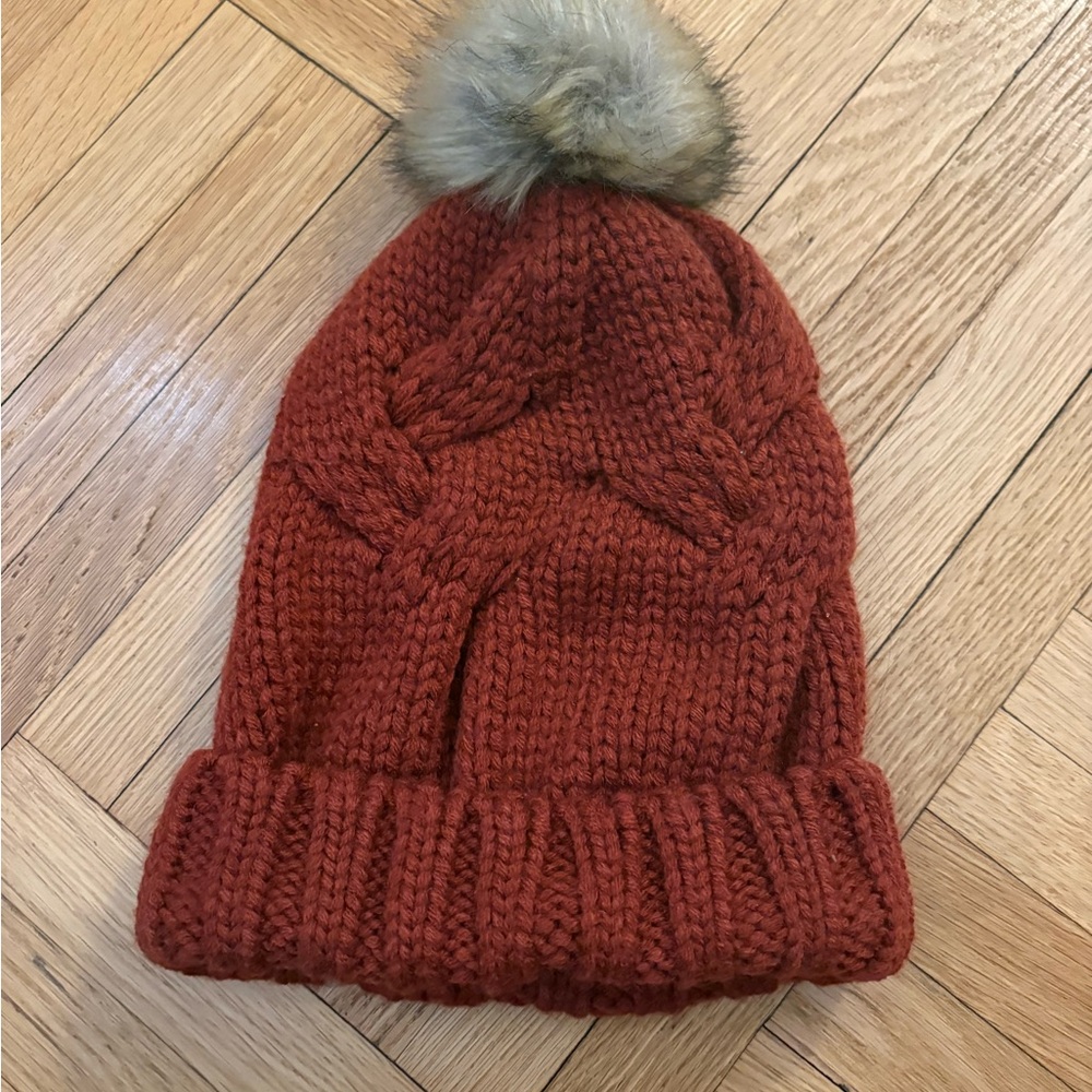 a new day Rust Knit Beanie with Faux Fur Pom